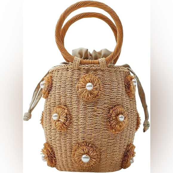 Handbags - Zara Elegant Tan Woven Bag with Pearl Accents